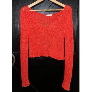 Honey Belle Open Knit Long Sleeve Red Crop Top Off the Shoulder V-Neck Stretchy